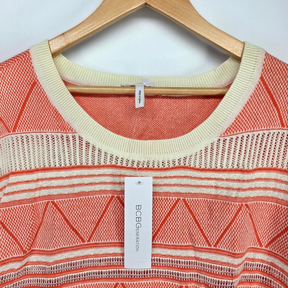 BCBGeneration Knit Top Womens M/L Off White Coral Geometric High Low Sleeveless